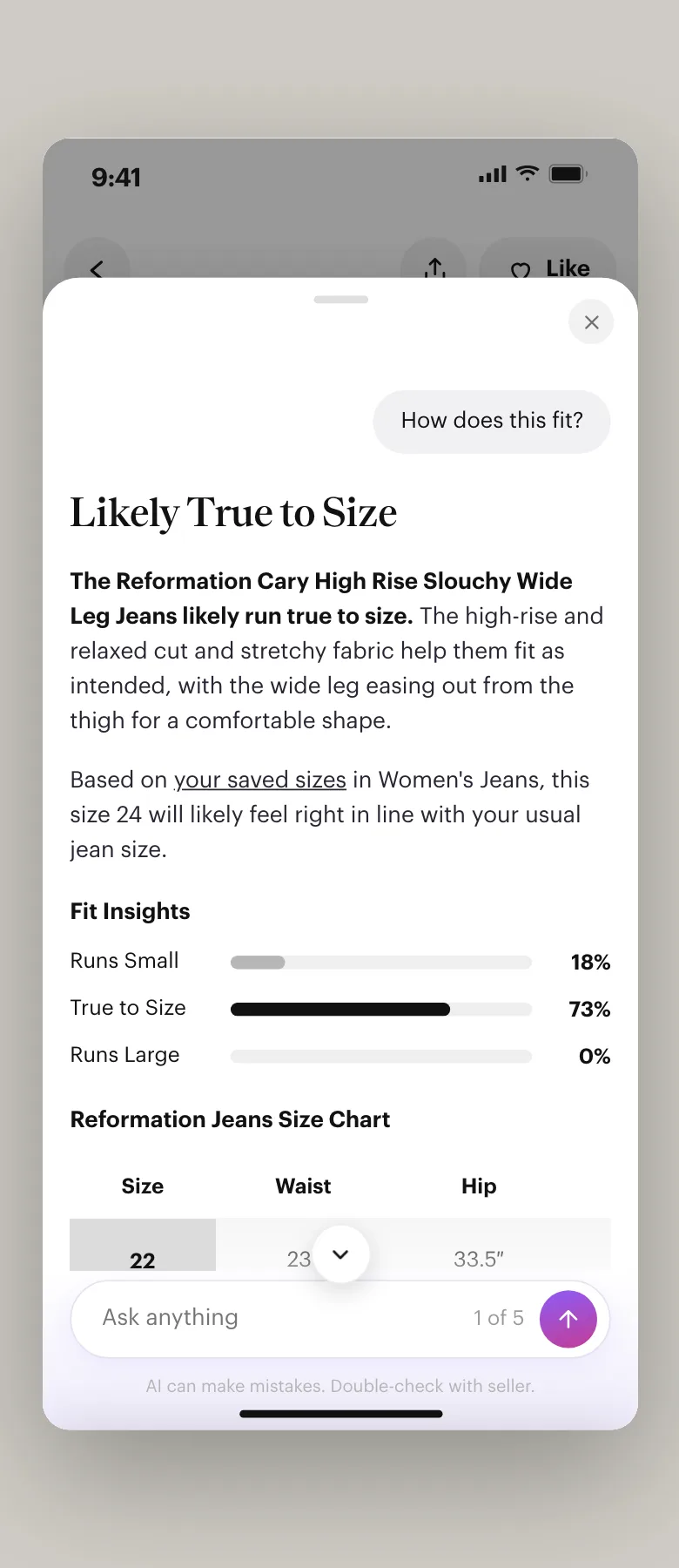 Cassie's response: 'Likely True to Size' with explanation, personalization based on user's saved sizes, fit insight bars (Runs Small 18%, True to Size 73%, Runs Large 0%), size chart, and Ask anything follow-up