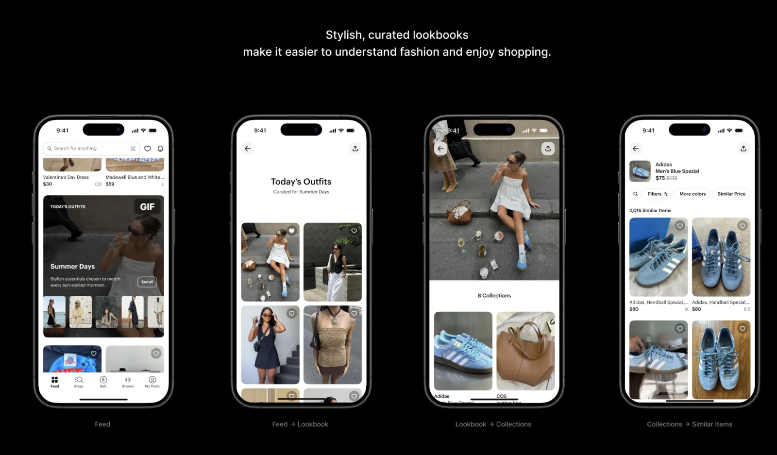 Poshmark app redesign — four iPhone screens showing the new Feed, Lookbook, Collections, and Similar Items flow