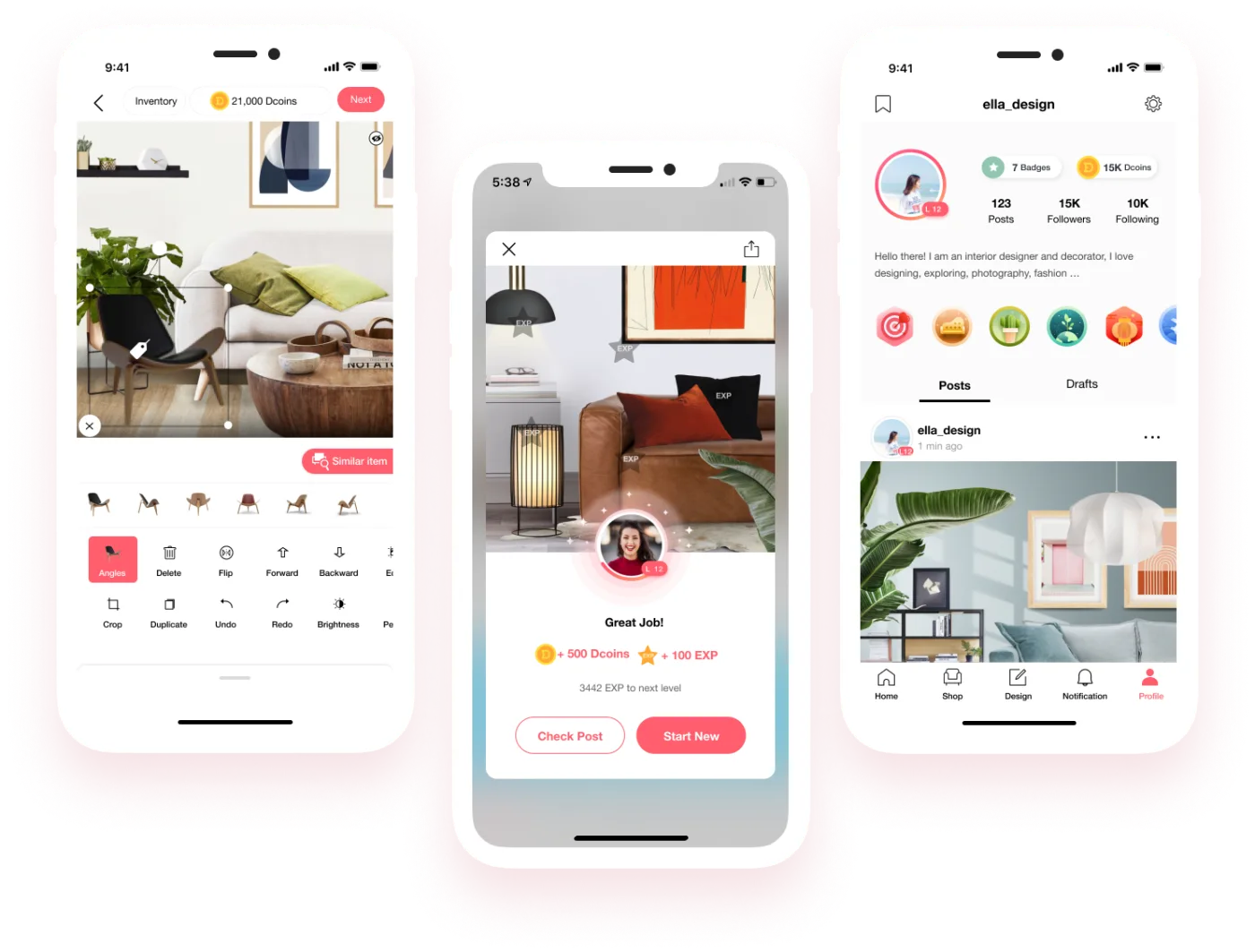 DecorMatters — three iPhone screens showing design editor, AR mode, and profile