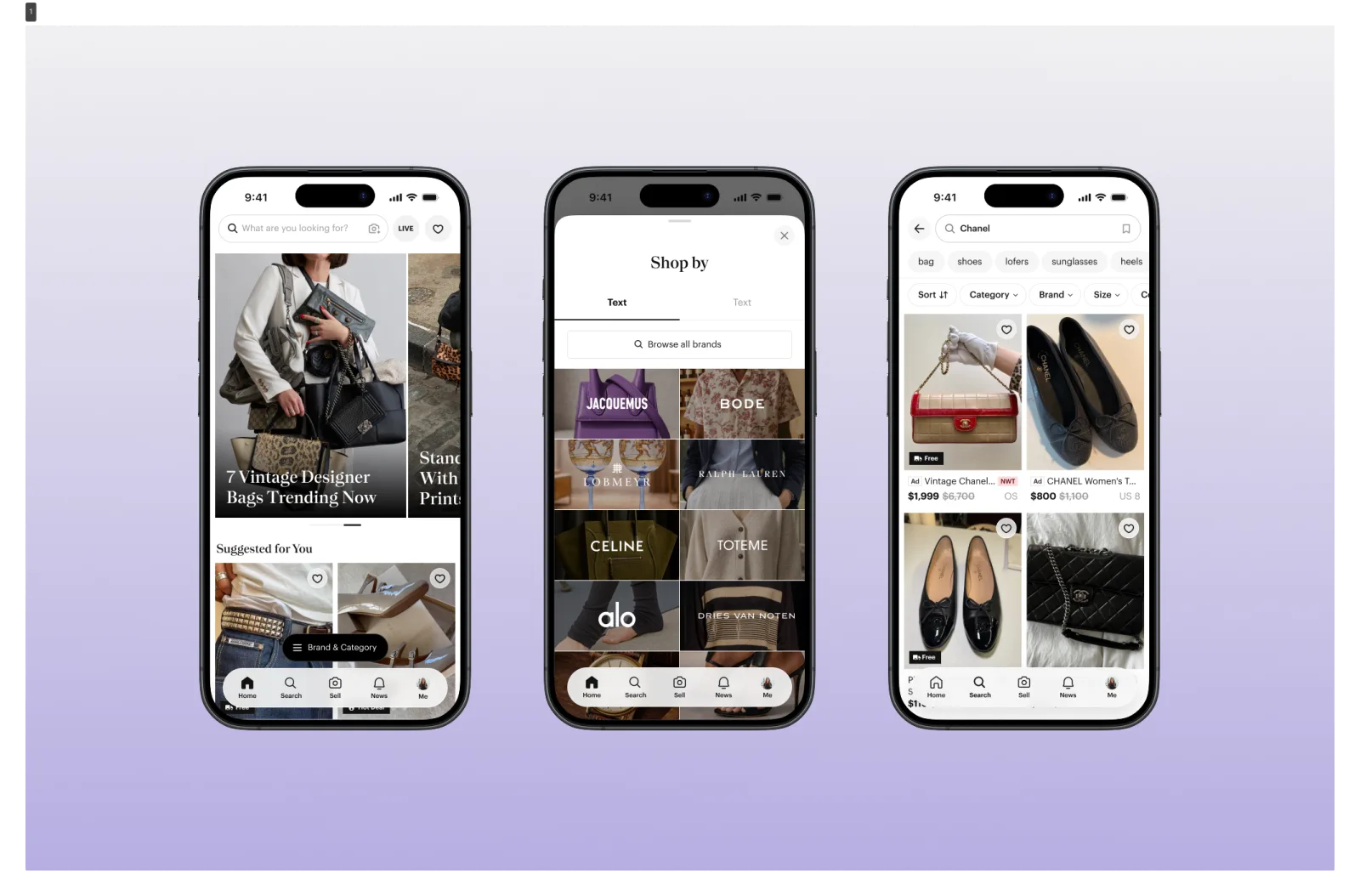 Poshmark redesigned app — three iPhones: home feed, shop by brand, search results