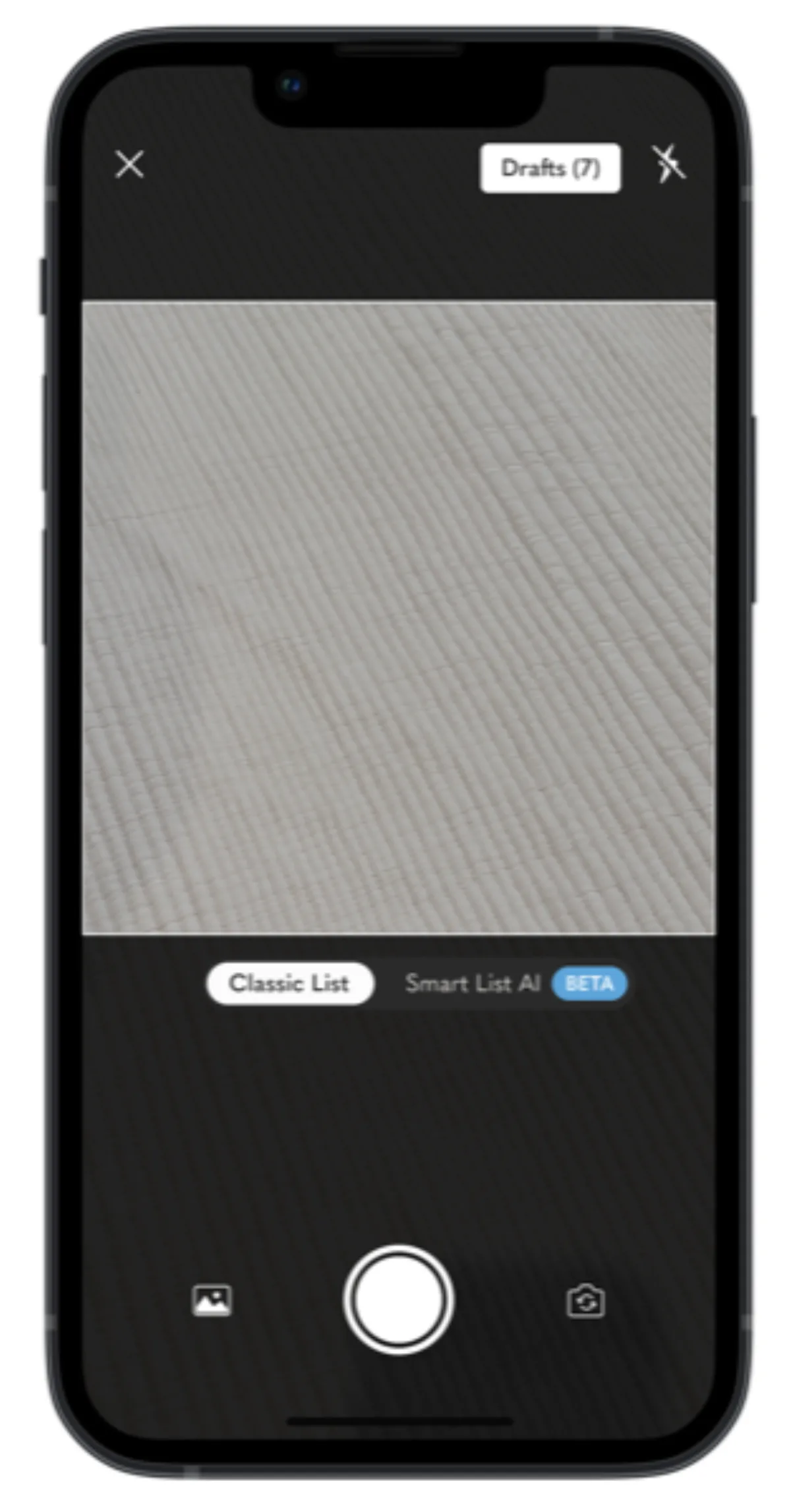 Smart List AI step 1 — camera view with Classic List and Smart List AI tabs