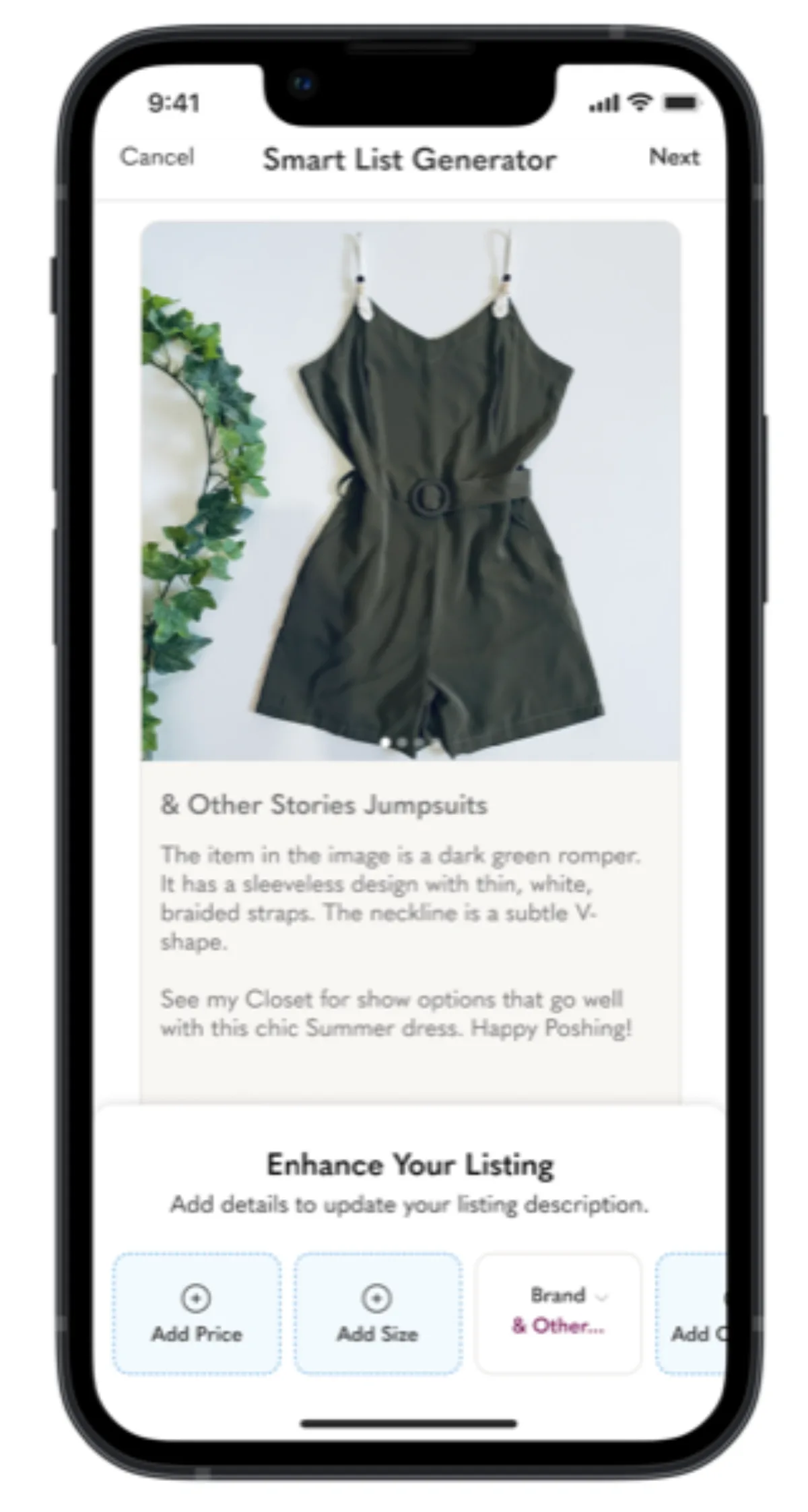 Smart List AI step 3 — generated listing preview with draft title and description