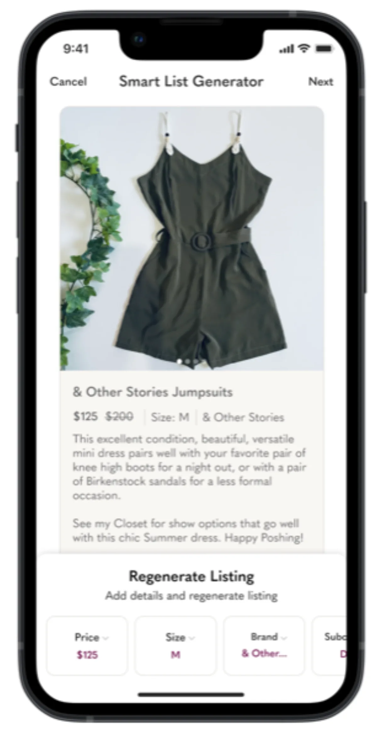 Smart List AI step 4 — listing preview with Configurator showing Price, Size, Brand fields below
